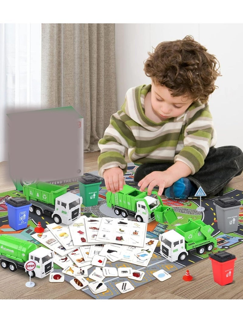 Truck لعبة شاحنة قمامة صغيرة، 4 قطع من ألعاب شاحنات القمامة التي تعمل بالاحتكاك مع سجادة لعب للأطفال، 8 قطع من لافتات الطرق، 6 قطع من ألعاب البناء الصغيرة، هدايا للأطفال من عمر 3 سنوات فما فوق - Image 3